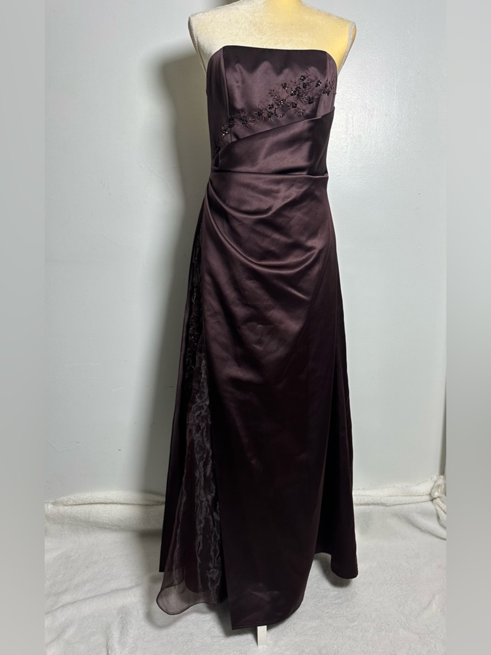 David’s Bridal  Strapless Brown Satin Formal Maxi Dress Beaded Size 8